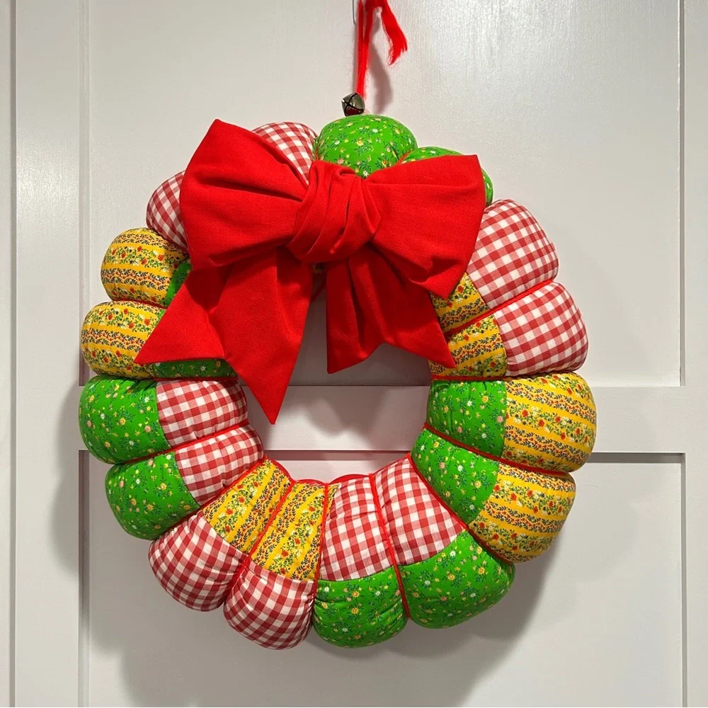 Vintage Patchwork Hanging Christmas Wreath Handmade Quilted Fabric 15” Holiday